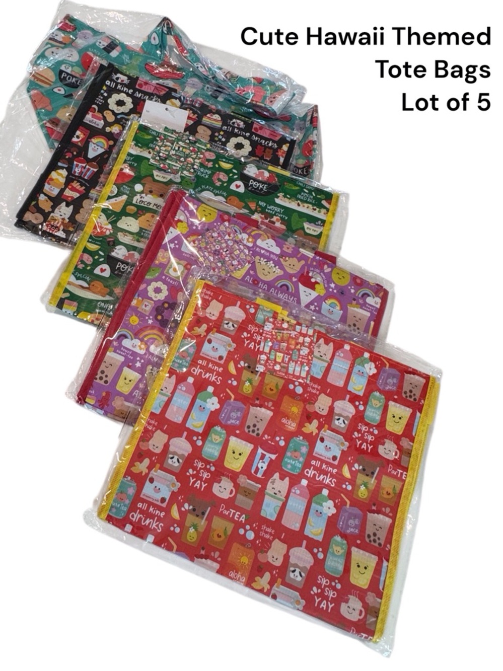 Lot of 5 Reusable Tote Shopping Bags Cute Kawaii Food & Drinks Prints